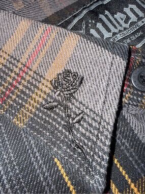Men's Black Plaid Dress Shirt with Embroidered Rose Detail